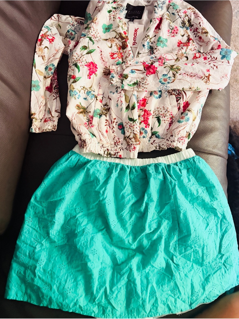 Teen Floral Cream Jacket and Teal Eyelet Skirt Set